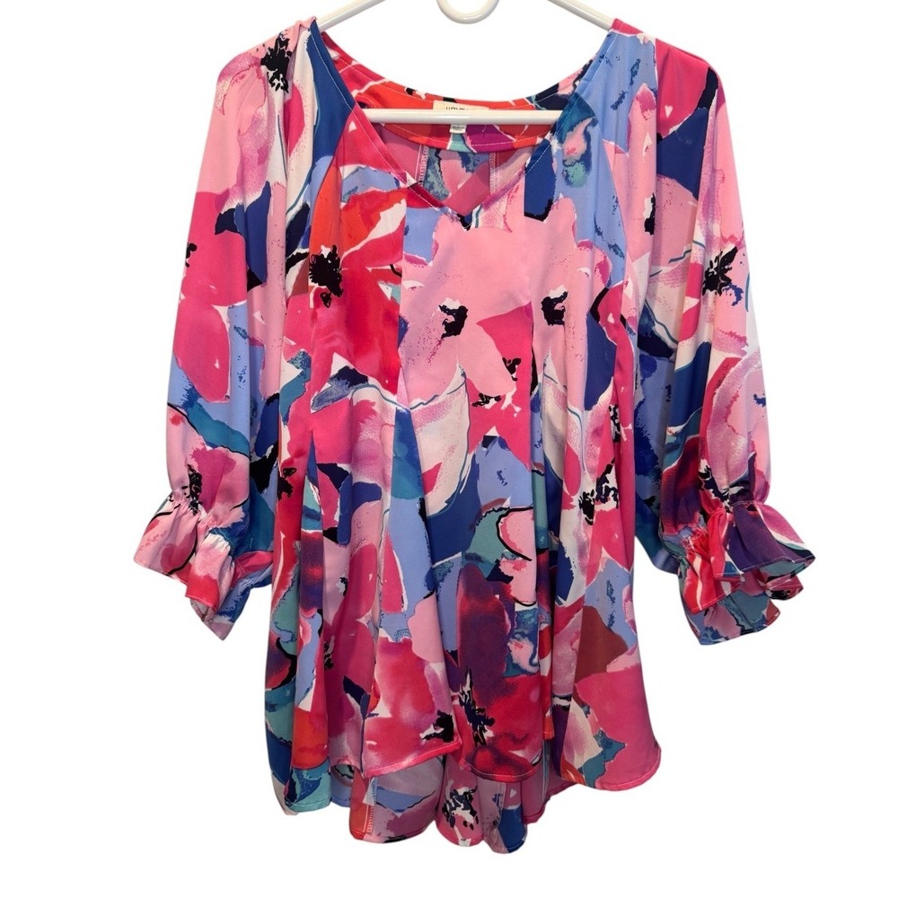 Umgee USA Colorful Floral V-Neck Ruffle 3/4 Sleeve Top Large Boho Artsy Chic
